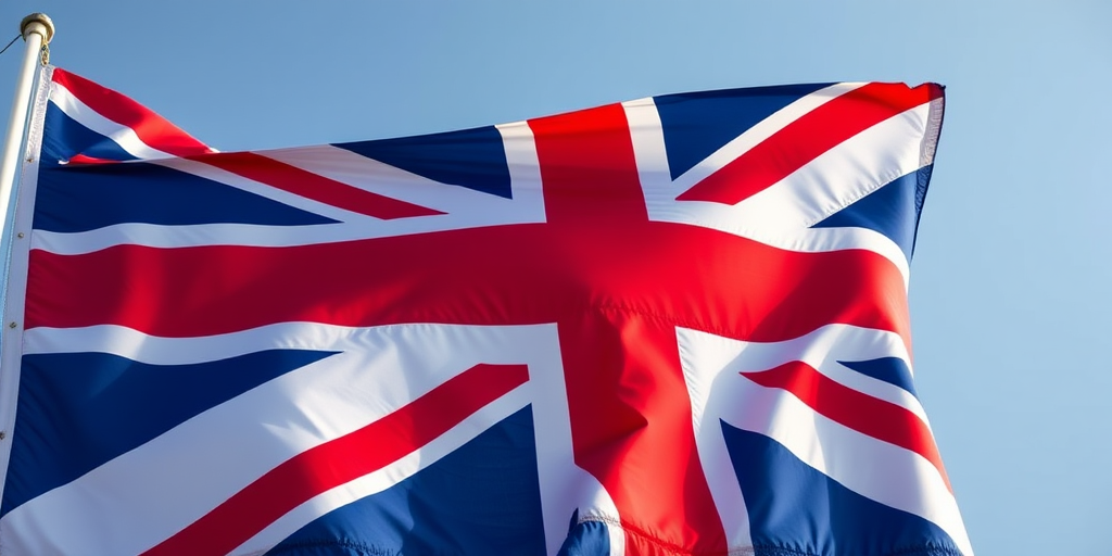 Create a high-resolution image of the Union Jack flag, using a DSLR camera with a 50mm lens, f/8 aperture, ISO 100, shot in bright daylight, with a slightly upward angle to enhance details and colors.