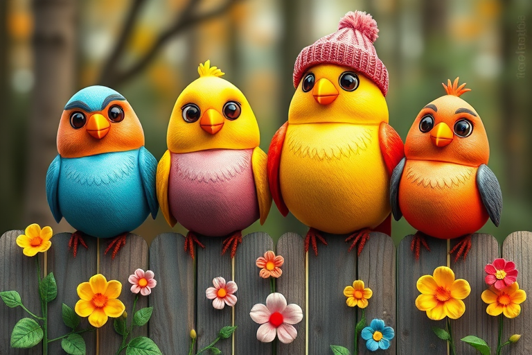 create a scene of 4 quirky  whimsical colourful comical birds each with a funny expression. they are sat on a wooden fence with colourful flowers. they are all different sizes. each one is a different colour  one is wearing a woolly hat. Each one has a different quirky google expression and there is a muted background of trees watercolour paintierly style high definition 8k resolution 3D paper mache