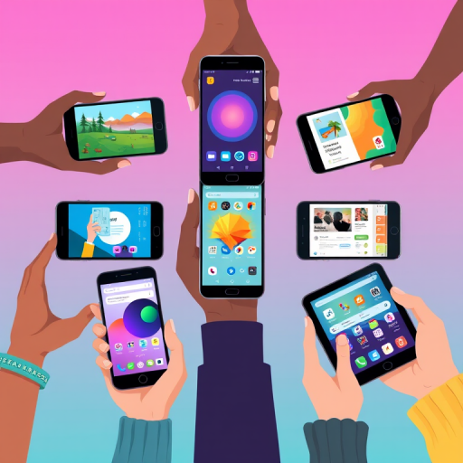 Design a vibrant vector illustration showcasing six smartphones held by diverse hands, displaying various app interfaces including nature scenes, social media feeds, and productivity tools, in a clean and modern style, using a wide-angle lens, f/8 aperture for depth of field, ISO 100 for clarity, and a digital camera type for sharpness.