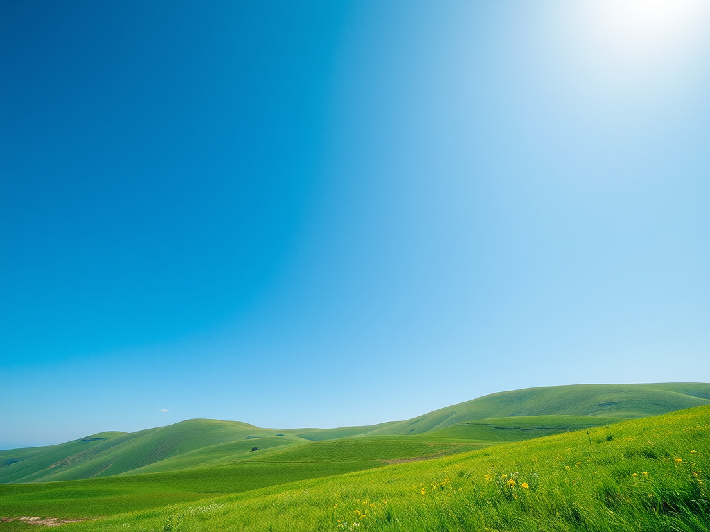Generate a high-resolution image of a serene landscape featuring rolling hills under a clear blue sky, with vibrant green grass and a few scattered wildflowers, taken with a DSLR camera at f/8 aperture, ISO 100, 50mm lens, top-down view.