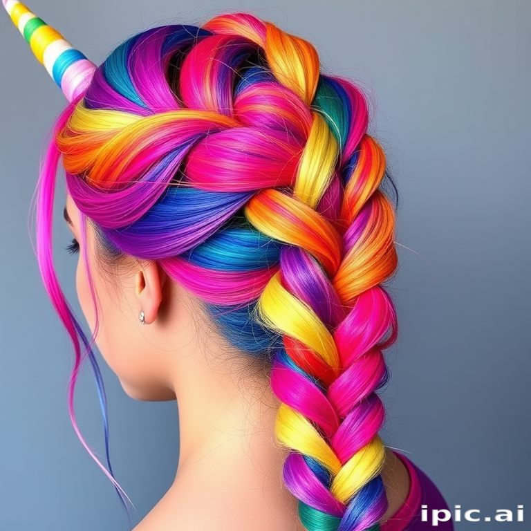 Bold rainbow unicorn braid incorporating every color of the spectrum in a mesmerizing gradient effect, dubbed "Prism Magic" celebrating diversity and self-expression