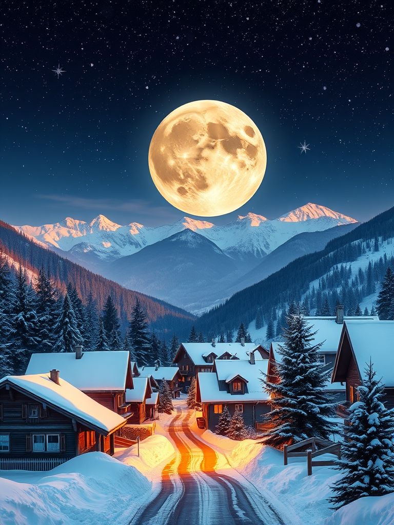 create a vibrant winter village scene with snow-covered rooftops, a large full moon in a starry sky, mountains in the background, and evergreen trees, using a DSLR camera, f/8 aperture, ISO 400, 24mm lens, shot during golden hour for warm lighting and enhanced details