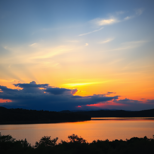 Photo of a serene landscape with a sunset over a lake, vibrant colors reflecting on the water, high dynamic range, ISO 100, aperture f/8, shutter speed 1/125s, wide-angle lens, shot with a DSLR camera.