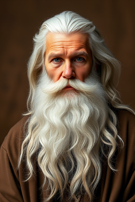 Create a hyper-realistic portrait of an ancient philosopher with flowing white hair and a long beard, captured with a Canon EOS 5D Mark IV, 85mm lens, f/1.4 aperture, ISO 100, 1/200s shutter speed, soft studio lighting, and a textured, warm-toned background.