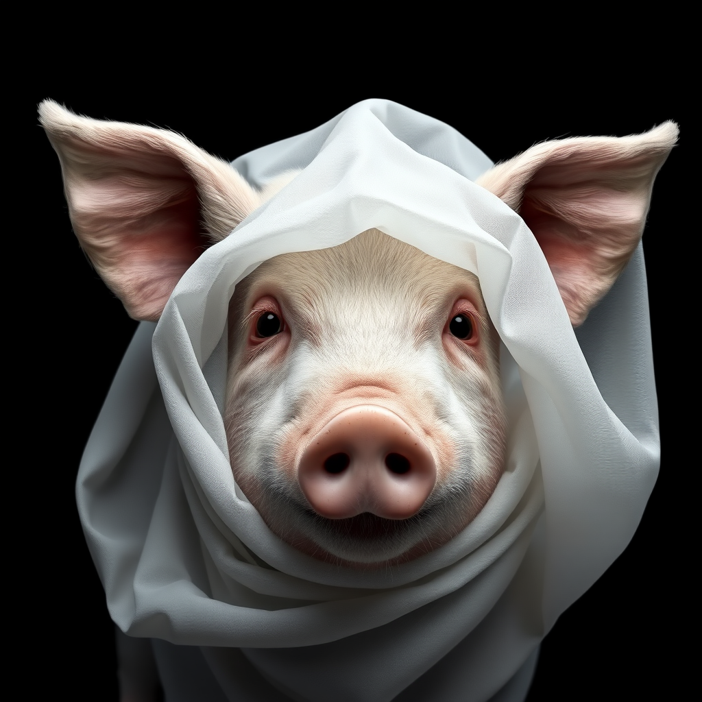 A hyper-realistic digital portrait of an pig with fabric draped over its head. The fabric is sheer and lightweight, allowing the contours of the pig’s face to show through, including its ears, eyes, and nose. The texture of the fabric is smooth and flowing, with delicate folds and creases that suggest softness and movement. The pig’s expression is serene and contemplative. The image focuses on the interplay of light and shadow on the fabric and the pig's face, creating a monochromatic palette of whites and grays. The background is a simple, nondescript dark shade to highlight the subject.