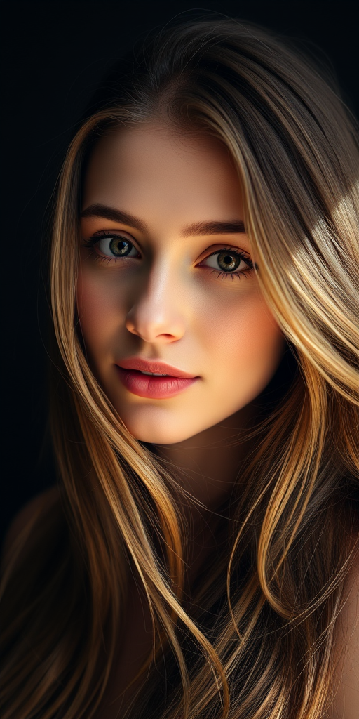 Generate a high-quality portrait of a young woman with long, flowing hair, softly lit against a dark background, using a Canon EOS R5 camera, 85mm lens, aperture set to f/1.8, 1/200 sec shutter speed, ISO 100, shot from a slightly elevated angle to capture natural highlights on her face.
