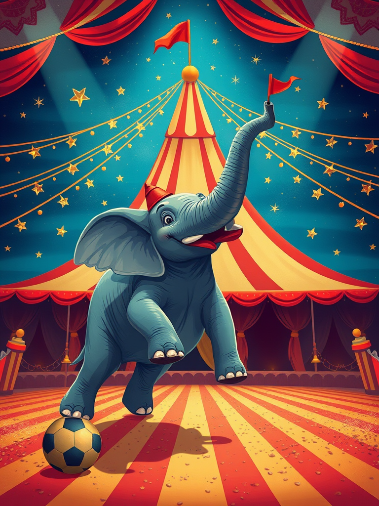 Create a vibrant circus-themed illustration featuring an elephant performing tricks, with a large tent in the background surrounded by stars and decorative elements, captured with a 50mm lens at f/2.8, ISO 100, in high dynamic range style, using a digital camera.