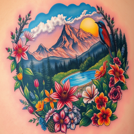 Realism color tattoo titled "Nature's Canvas" showcasing a hyper-realistic landscape scene with vibrant flora and fauna, utilizing advanced color theory and shading techniques for lifelike depth