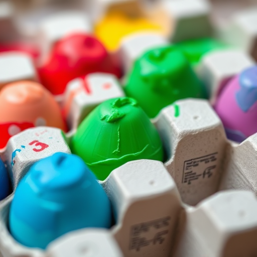 close-up shot of an egg carton filled with vibrant paint, shallow depth of field, natural lighting, 50mm lens, aperture f/2.8, ISO 100, DSLR camera