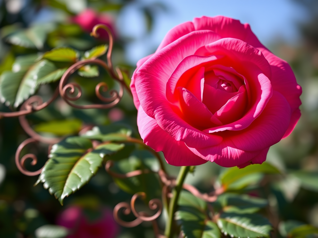 Create a high-resolution image of a vibrant pink rose with green leaves and elegant swirling vines, captured using a Canon EOS R5 with a 50mm f/1.2 lens, at a shallow depth of field (f/2.8), in natural daylight to enhance colors and details.