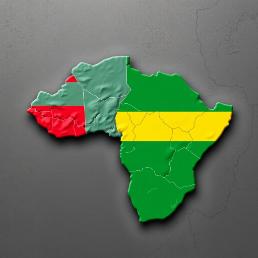 Generate a high-quality image of the Central African Republic map with its flag colors, using a DSLR camera with a 50mm lens, aperture f/8, ISO 100, shot from a top-down aerial view, in a vibrant and clear graphic style.