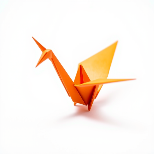 create a hyper-realistic image of an orange origami crane on a minimalist white background, using a DSLR camera with a 50mm lens, aperture set to f/2.8 for shallow depth of field, shot from a low angle to emphasize the crane's details, natural soft lighting for even illumination.
