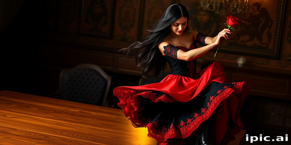 create an image of a Beautiful spanish black-hair  woman, long hair, red rose in the hand, black and red dress, dancing flamenco on the wooden table
