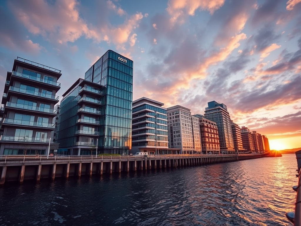 Capture a wide-angle view of modern architectural buildings along a waterfront during golden hour, with a focus on sharp details and rich colors, using a DSLR camera set at f/8 aperture, ISO 100, shutter speed 1/200 sec, and a 24mm lens for enhanced clarity and depth.
