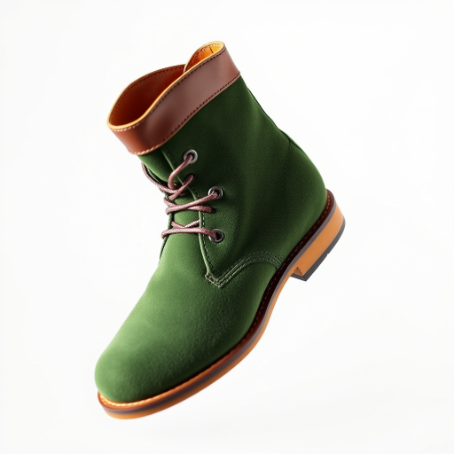 Generate a high-quality image of a green suede boot with a brown leather collar, shot in soft natural light, using a DSLR camera with a 50mm lens at f/1.8, ISO 100, and a shallow depth of field, focused on the boot against a white background.