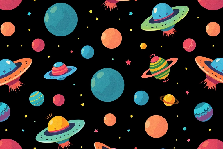 create a whimsical pattern featuring colorful flying saucers and planets on a black background, high-resolution, 50mm lens, f/2.8 aperture, ISO 100, shot from an overhead view, digital art style