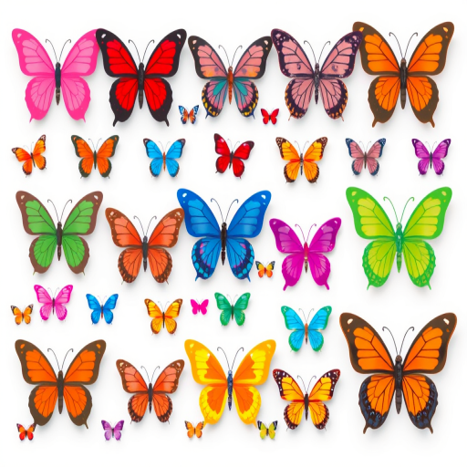Generate an image featuring a grid of colorful butterflies. Include a variety of butterfly designs in different colors such as pink, red, blue, orange, green, and purple. Arrange them in a neat pattern, ensuring a balanced mix of each color and style.