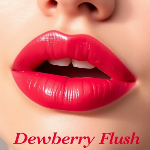 Sheer raspberry lips with a water-tint finish, titled "Dewberry Flush," exhibit a natural-looking stain and fresh, hydrated appearance for a youthful glow
