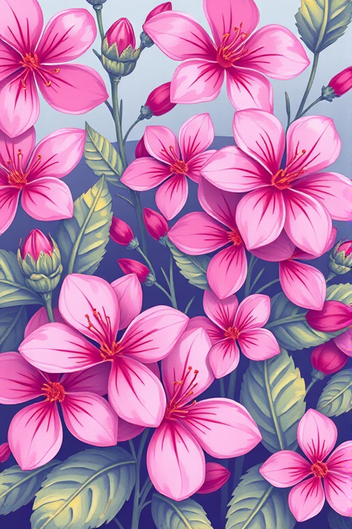 Create a vibrant illustration of pink flowers and leaves with a whimsical style, using a macro lens on a DSLR camera with an aperture of f/2.8, ISO 100, and a focal length of 50mm to enhance image clarity and depth.