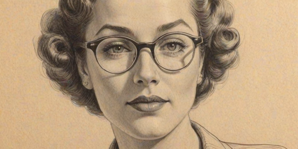 Captivating Hattie Winston, pencil sketch, portrait of Delightful woman 1937s in glasses, hair style beatnik, outline, clear lines, fine lines, 8k