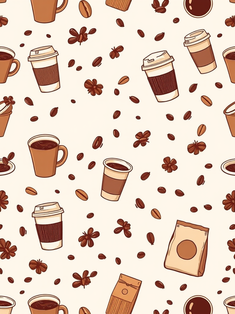 Create a seamless pattern featuring various coffee cups, takeaway cups, coffee beans, and coffee bags on a light beige background with soft illustrations, shot with a Canon EOS R5 at f/8, 1/250s, ISO 100, using a wide-angle lens for sharp detail and vibrant colors.