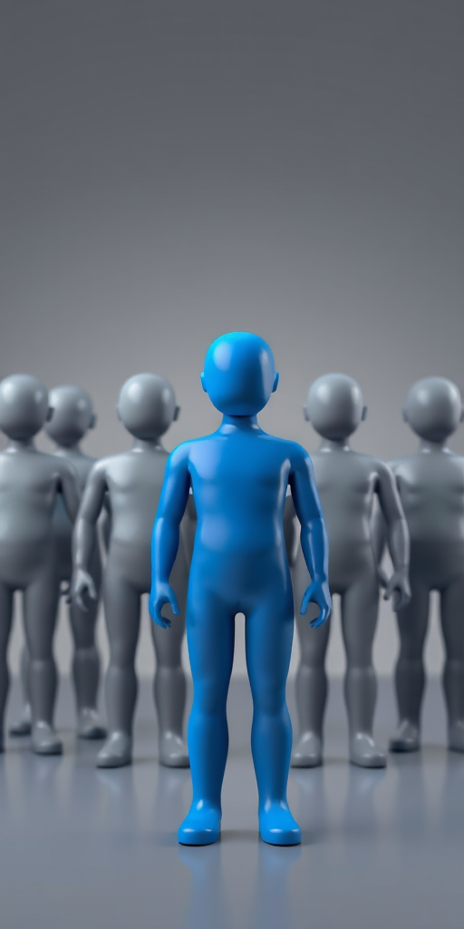 Regenerate the image of a blue human figure standing in front of five gray human figures, using a DSLR camera with a 50mm lens, aperture f/2.8, ISO 100, natural lighting, and a shallow depth of field for enhanced quality.