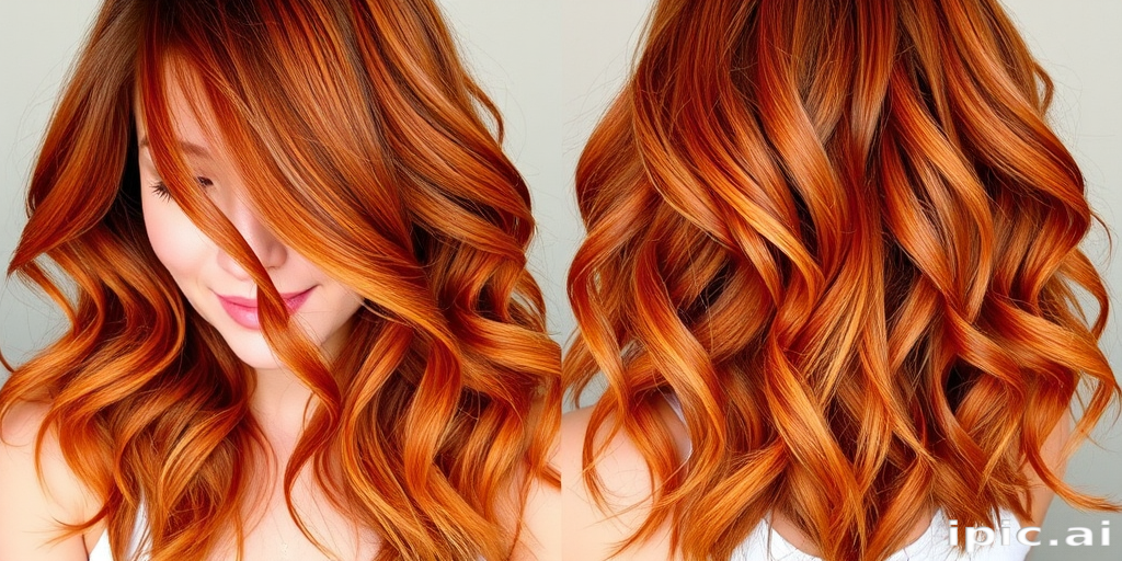 Vibrant copper-hued locks cascading in loose waves, known as "Sunset Serenade," feature subtle golden highlights throughout, creating a mesmerizing blend of warm tones that shimmer in the light, framing the face with soft tendrils and ending just below the shoulders, exuding a romantic and ethereal aura