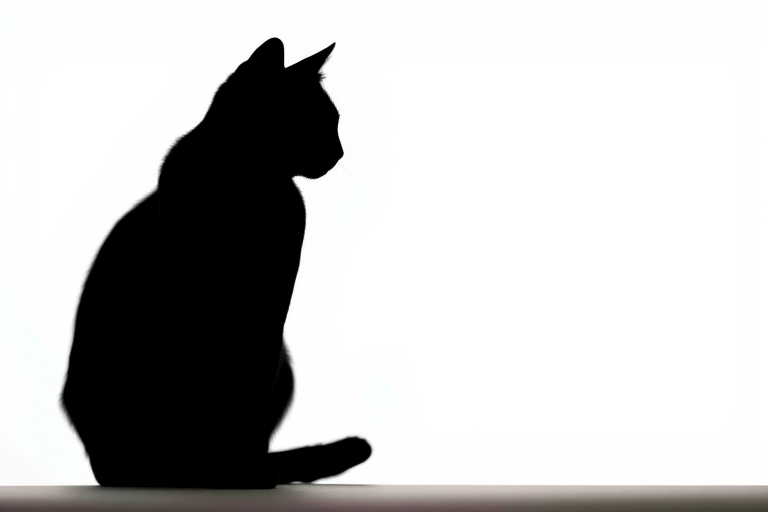 Create a minimalist black silhouette of a cat against a white background, using a DSLR camera with a 50mm lens, aperture set to f/1.8, ISO 100, and a shallow depth of field to enhance clarity and focus on the silhouette.