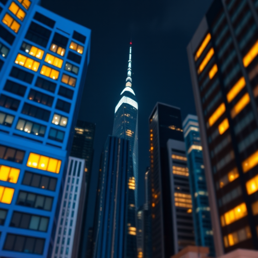 Create a vibrant city skyline at night with blue buildings and warm yellow windows, using a DSLR camera with a 50mm lens, aperture set to f/1.8, ISO 200, and a low-angle view to enhance depth.