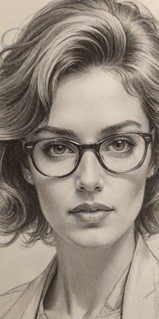 Sublime Edi Patterson, pencil sketch, portrait of Exquisite woman 1980s in glasses, hair style beatnik, outline, clear lines, fine lines, 8k