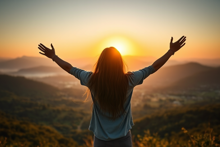 a person with long hair standing on a mountain overlooking a lush valley at sunrise with arms raised in a welcoming gesture, Canon EOS R5, 50mm lens, aperture f/1.8, ISO 200, soft golden hour lighting, shallow depth of field, dramatic shadows