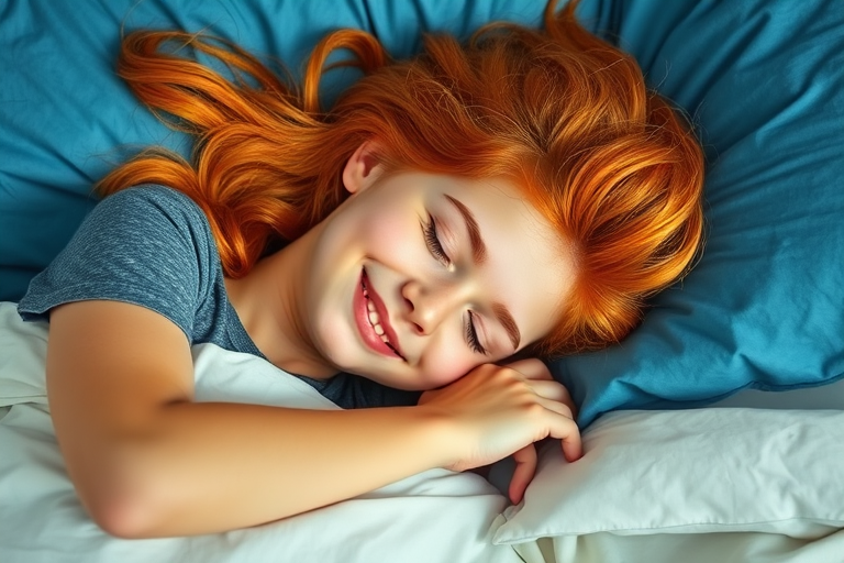Create a high-quality image of a smiling person with orange hair sleeping peacefully on a bed, with blue pillows, focused on facial expression, using a DSLR camera with a 50mm lens at f/2.8, natural light, top-down view, with vibrant colors and soft shadows.