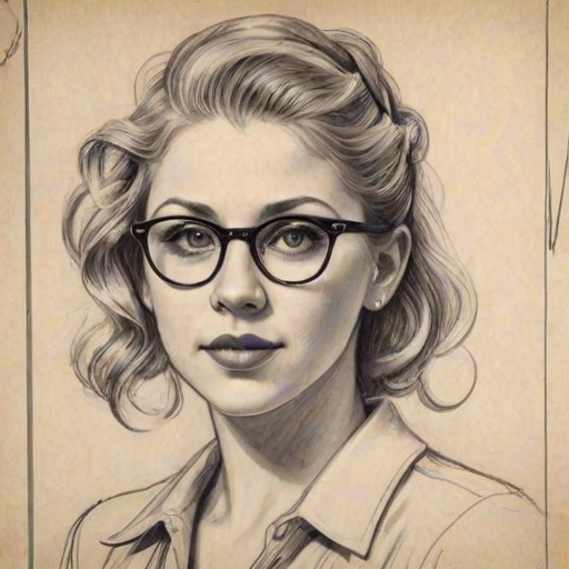Enchanting Jodie Sweetin, pencil sketch, portrait of Superb woman 1928s in glasses, hair style beatnik, outline, clear lines, fine lines, 8k