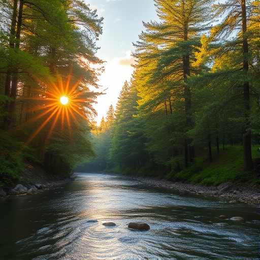 Create an image of a serene, sunlit forest scene with a clear, gently flowing river. Tall trees with lush green foliage line both sides of the river, their leaves bathed in the warm golden light of the setting or rising sun. The sunlight filters through the trees, casting soft, dappled light on the river, which flows over smooth rocks and pebbles, creating a peaceful, natural atmosphere. The sky is bright with a few scattered clouds, and the overall mood is tranquil, evoking a deep sense of connection with nature. The image captures the beauty of a calm, pristine forest landscape at either dawn or dusk.