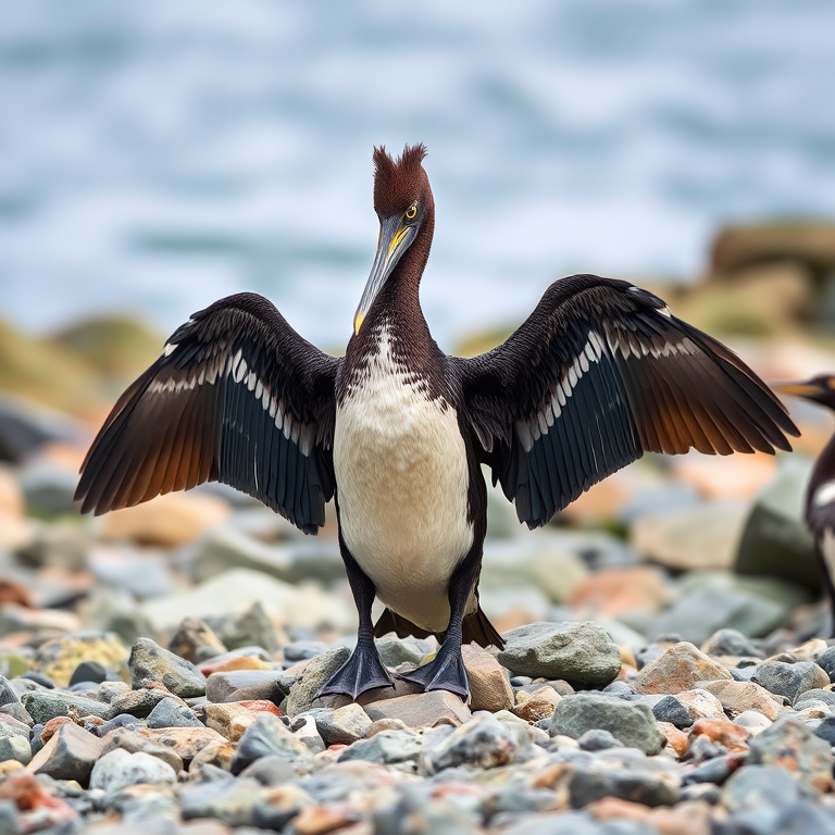 photograph of a cormorant displaying its wings on rocky shoreline, captured with a DSLR camera, 200mm lens, f/5.6 aperture, ISO 400, natural light, focus on the bird with a blurred background for depth, shot at eye level to capture detail in feathers.