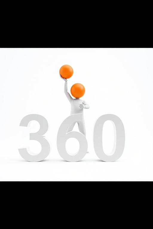 A 3D-rendered image of a small, featureless humanoid figure raising an orange ball above a large, bold "360" in front of a plain white background, shot with a Canon EOS R5, 50mm lens, f/1.8 aperture, ISO 100, 1/200s shutter speed, using soft lighting for enhanced quality.