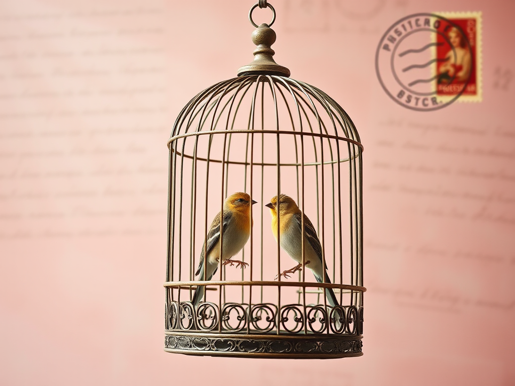 Create a high-resolution digital illustration of a vintage birdcage with two birds perched on it, set against a soft pink background with faded handwritten letters and a vintage postage stamp in the corner, captured with a Canon EOS R5 at f/4, ISO 100, 50mm lens, utilizing soft natural light for a warm, nostalgic feel.