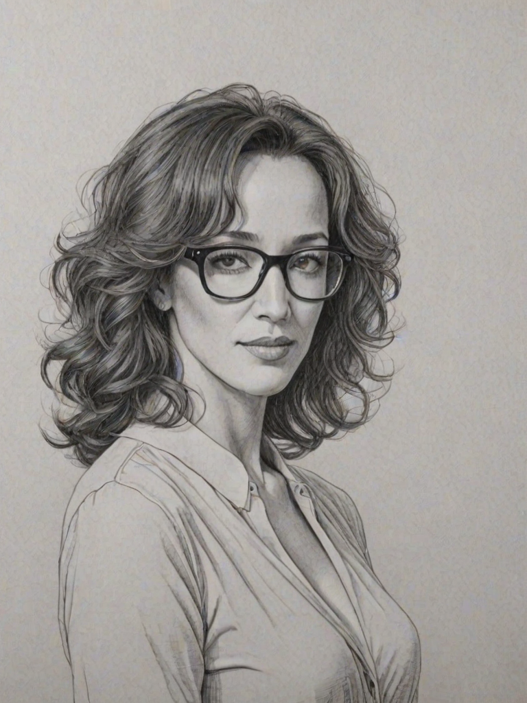 Enticing Jennifer Beals, pencil sketch, portrait of Enticing woman 1975s in glasses, hair style beatnik, outline, clear lines, fine lines, 8k