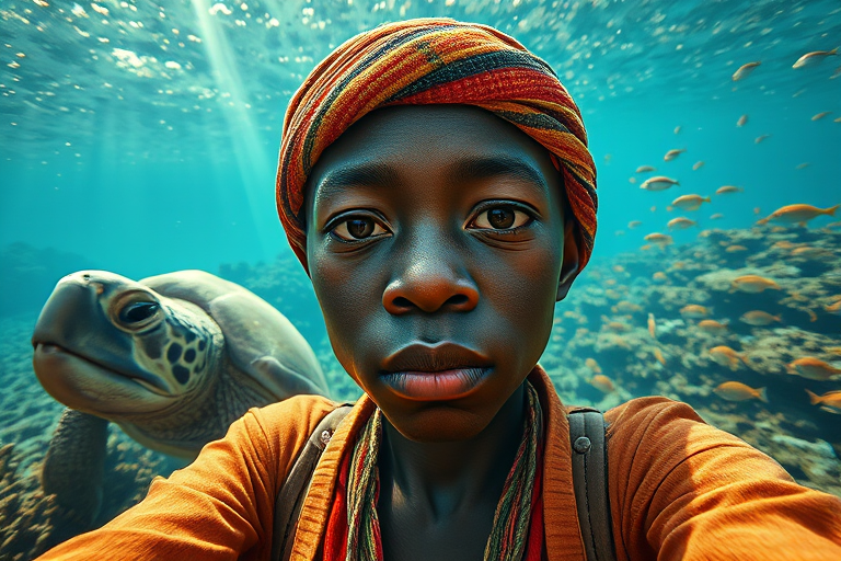 Realistic selfie image of a Zulu, wearing a vintage outfit, detailed dreamy eyes, droopy hooded eyes, staring at the camera, taken underwater at coral reef with a sunbeam filtering through the water, vibrant, summer vacation, natural lighting, turtle and school of tropical fish with vibrant colors, rendered in the style of CryEngine, Pegi Nicol MacLeod, with realistic genre scenes, hauntingly beautiful narratives, ultra-realism, and Thomas Saliot's close-up technique, 8K resolution, crystal clear and sparkling water.