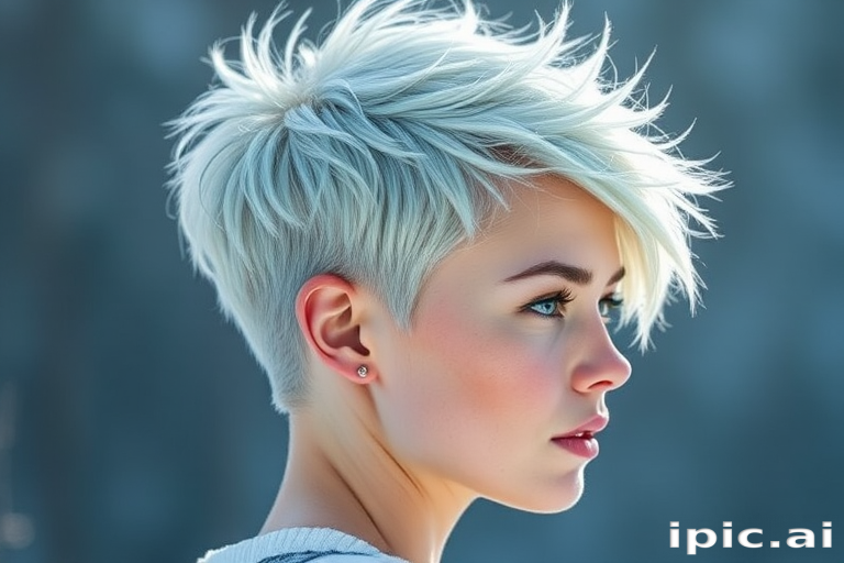 Frosty platinum blonde pixie cut with icy blue tips, Arctic's hair embodies the essence of winter, featuring spiky texture and a swept-back style that resembles windswept snow