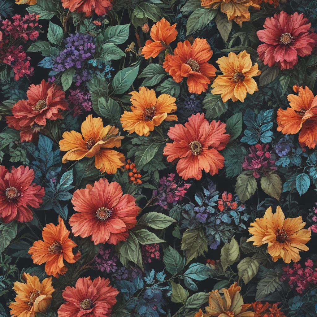 A Vibrant Floral Pattern Featuring Colorful Blooms and Lush Green Leaves.