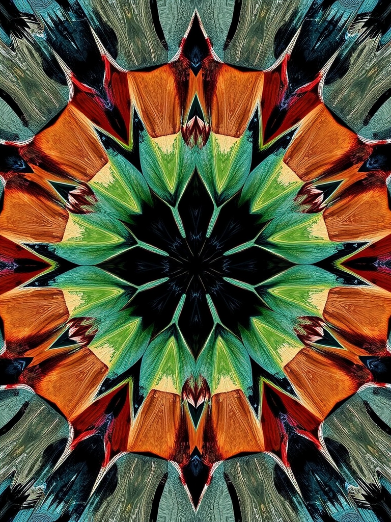 Generate a high-resolution image of an abstract geometric design, using a DSLR camera with a 50mm lens, aperture set to f/1.8, ISO 200, shot from a top-down view with natural lighting and high contrast to enhance colors and details.