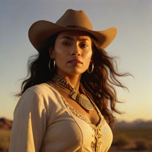 Dramatic photo of a beautiful Maori woman, classic cowboy attire, confident and free spirit expression, half-length portrait, centered, golden hour desert landscape, warm, diffused light, low angle, medium format film camera, in style of Annie Leibovitz.