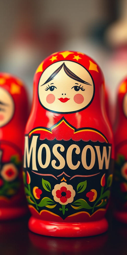 Create an image of a stylized representation of  Matryoshka dolls with the word "Moscow" integrated into the design, using vibrant colors, high contrast, with a soft focus effect, shot with a DSLR camera at f/2.8, ISO 100, 50mm lens, and a warm color palette for a vintage look.