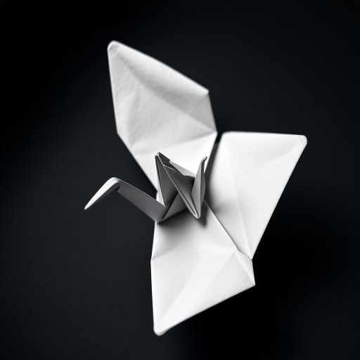 create a high-resolution image of a black and white origami crane with sharp lines and clear details, using a Canon EOS R5 with an aperture of f/8, ISO 100, shutter speed 1/200s, shot from a top-down view, in a studio setting with soft diffused lighting