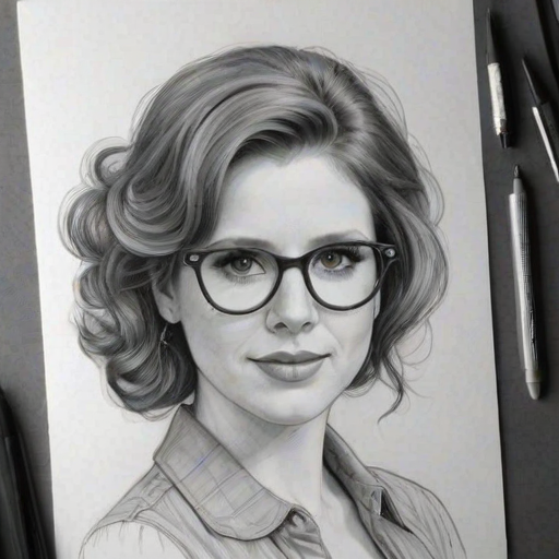 Charming Vanessa Bayer, pencil sketch, portrait of Stunning woman 1978s in glasses, hair style beatnik, outline, clear lines, fine lines, 8k