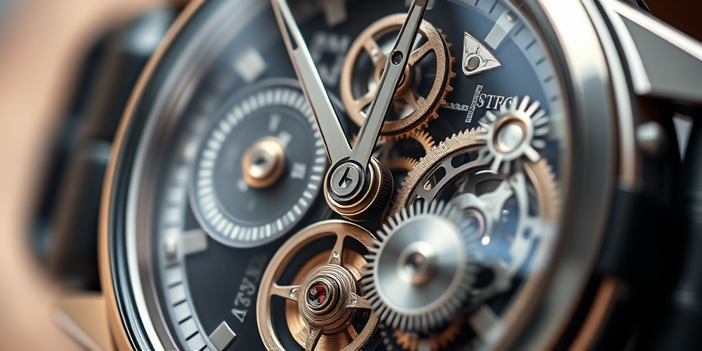 Close-up shot of a luxurious mechanical watch showcasing intricate gears and movements, shot with a Canon EOS R5, 100mm macro lens, f/2.8 aperture, ISO 100, shutter speed 1/125 sec, with soft natural lighting to enhance detail and texture.