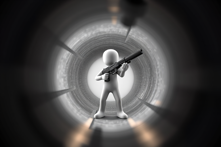 Create a 3D render of a humanoid figure holding a gun, positioned at the center of a gun barrel spiral, using a 50mm lens, f/1.8 aperture, ISO 100, shot from a low-angle perspective with dramatic lighting, in a studio setting.