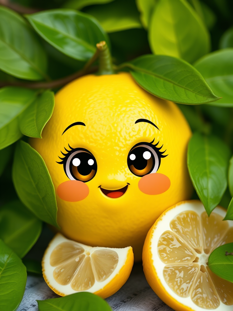 Create a cute cartoon lemon character with large expressive eyes, smiling, surrounded by vibrant green leaves and a slice of lemon, high resolution, 50mm lens, f/2.8 aperture, soft focus background, shot from eye level using a digital SLR camera.