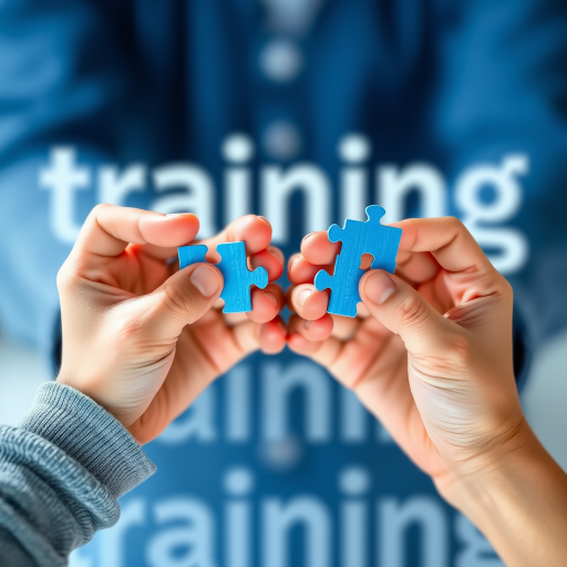 Create an image of two hands holding blue puzzle pieces against a blurred background with the word "training" repeated in soft focus, using a DSLR camera with a 50mm lens, aperture set to f/2.8, ISO 100, and a shallow depth of field for enhanced clarity.